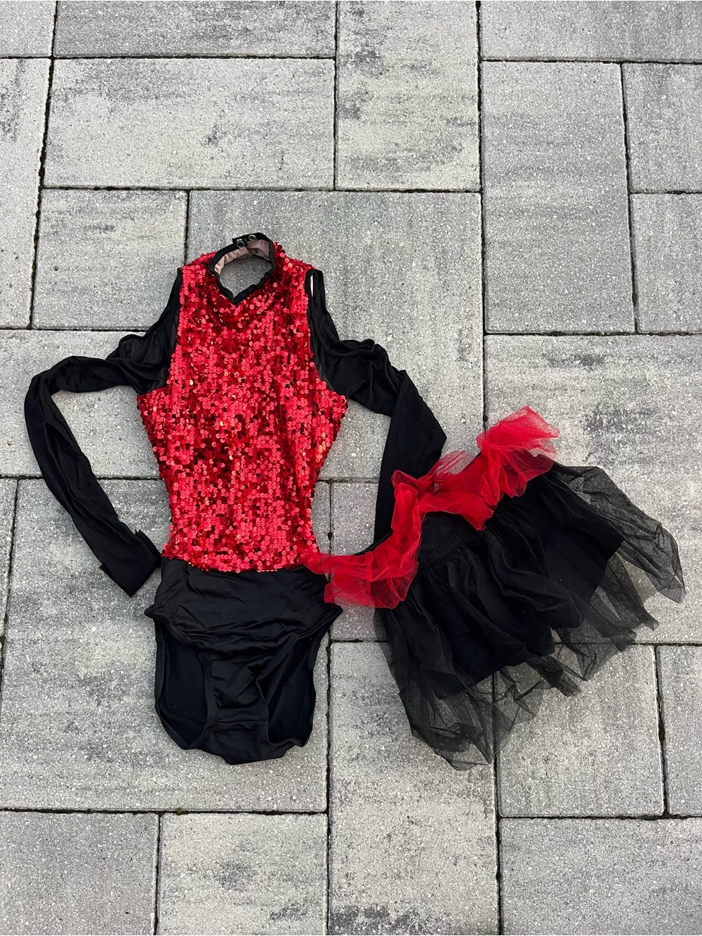 Weissman Red Sequin Dance Costume with Black Tulle Skirt